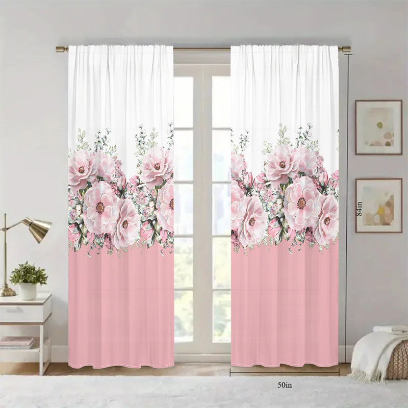 2Pcs Elegant Floral Print Curtains Rod Pocket Rose Pattern Window Treatments Light Filtering Polyester for Living Room Bedroom Dining Home Decor