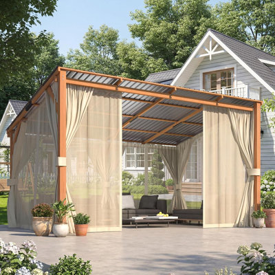 Wooden Hardtop Outdoor Lean-To Pergolas and Gazebos with Curtains and Mosquito Netting