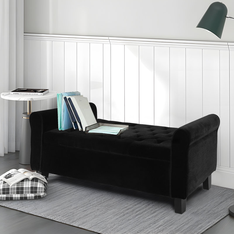 Banc de rangement rembourré à l'extrémité du lit, Velours, Noir, noir, noir, noir