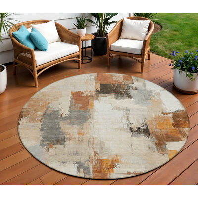 8' Ivory And Rust Round Abstract Washable Indoor Outdoor Area Rug