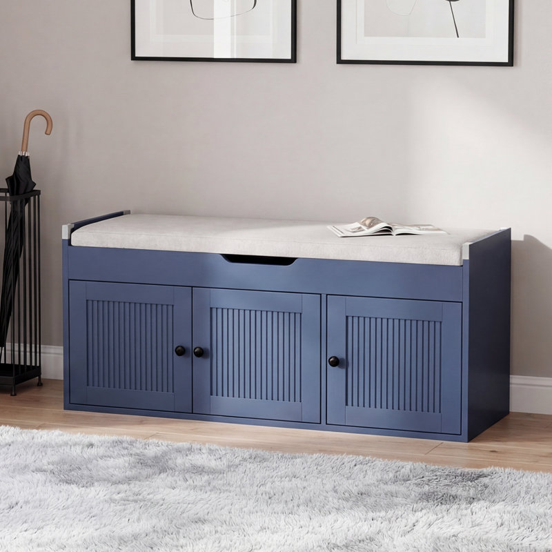 40" Modern Farmhouse Storage Bench with Cushion, Upholstered Shoe Bench with Shelf for Entryway, Mudroom, Hallway, Navy