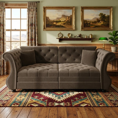 97.6" Upholstered Velvet Chesterfield 4-Seater Convertible Pull-Out Sofa Bed with Rolled Arms and 3 Pillows