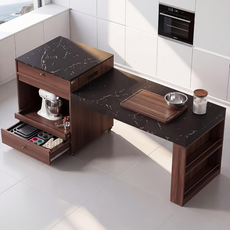 78.8 Inch Large Extendable Rolling Kitchen Island with Power Outlet, Kitchen Island with Storage Drawers for Dining Prep