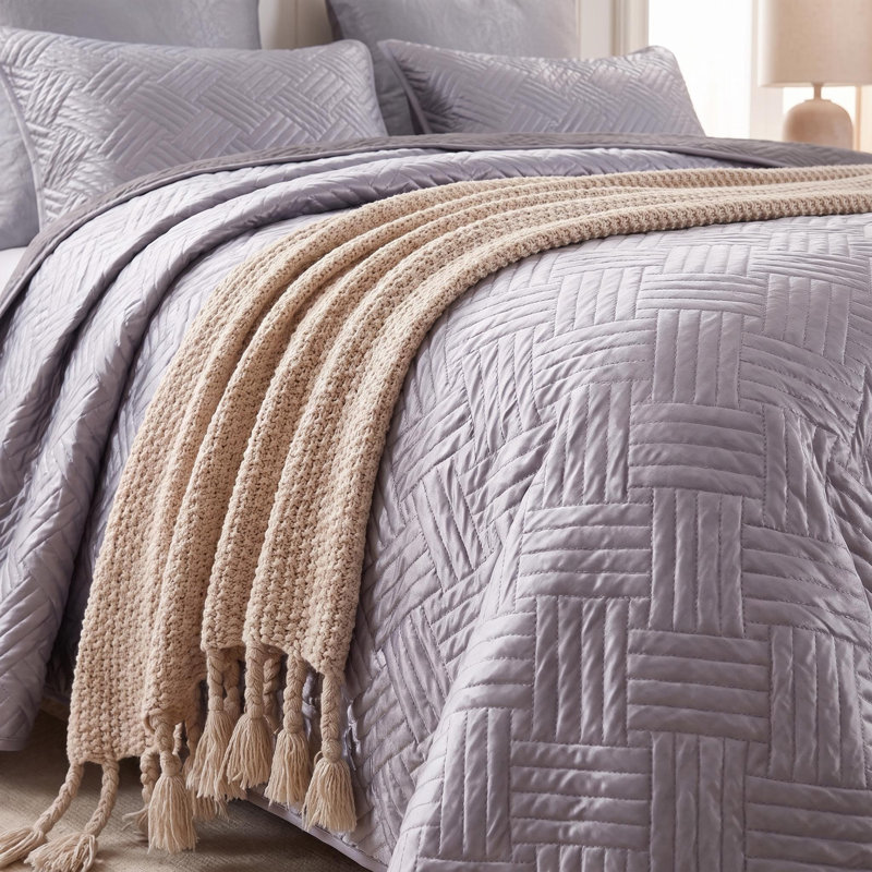 3 Pieces Quilt Set, Silk Satin Geometric Pattern Quilted Coverlet Set (1 Quilt, 2 Pillow Shams) - NTBAY, Dark Gray, Queen