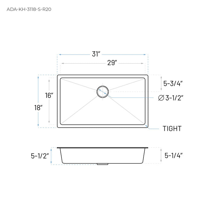 31'' L Undermount Single Bowl Stainless Steel Kitchen Sink