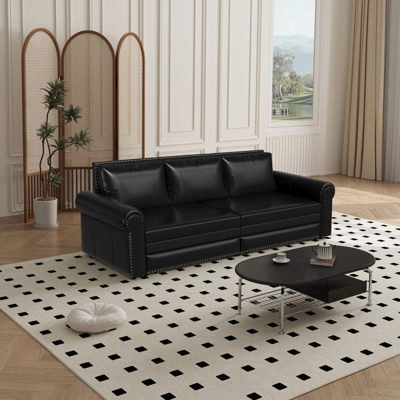 3-In-1 Faux Leather Convertible Sleeper Sofa, Black