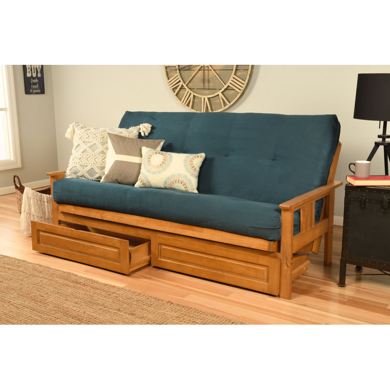 Le cadre de futon double Stratford comprend des tiroirs de rangement et un matelas, Bleu suède, Noyer cendré, Innerspring