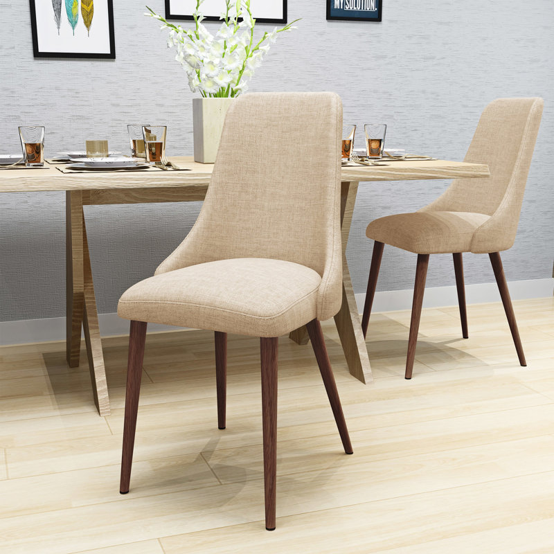 2 chaises de salle à manger de style moderne Mid-Century, blé et noyer foncé. Siège incurvé confortable, structure en fer, revêtement en tissu, configuration rapide, fabrication, revêtement, processus d'assemblage