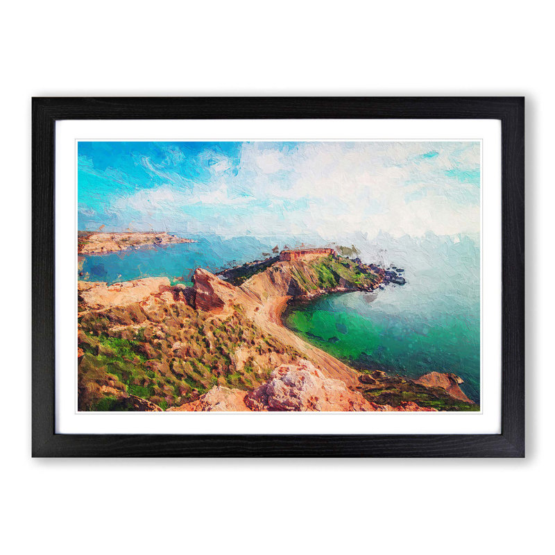 Sea View from Malta - Picture Frame Painting Print on MDF, 48cm H x 65cm W x 2cm D, Black Framed