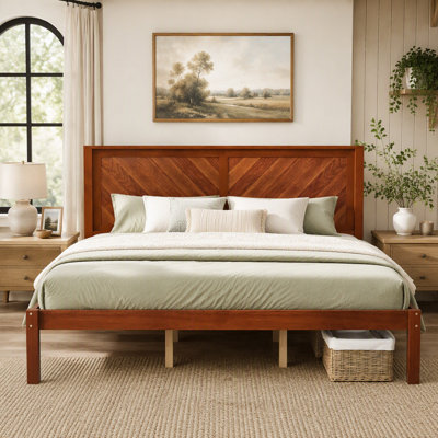 Farmhouse Chevron Panel Solid Wood Bed, Herringbone Pattern Wood Headboard Platform Bed with Under-Bed Storage Space