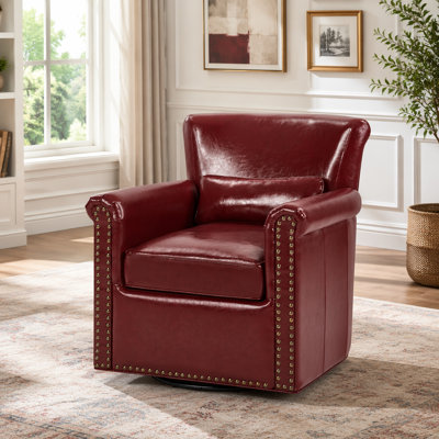 Fauteuil club pivotant à 360 ° en cuir véritable avec accoudoirs roulés, dossier rembourré et base cloutée