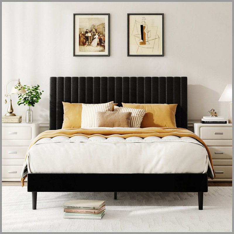 Structure de lit double, lit plateforme tapissier en velours avec tête de lit réglable en hauteur, structure robuste et lattes, conception silencieuse, compatible avec les matelas sans ressorts, facile à assembler