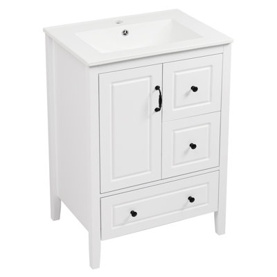 Meuble-lavabo avec lavabo Roomfitter, armoire simple avec porte à fermeture douce et trois tiroirs à fermeture douce, poignées rétro