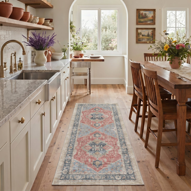 Marrakesh Vintage Floral Machine Washable Blue / Red Indoor Area Rug with Non-Slip Backing, Runner 2' x 6'