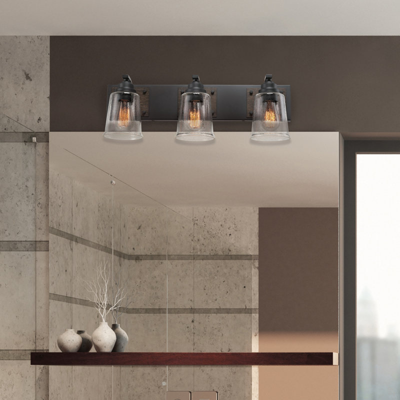 Matte Black and Faux Wood 24" Dimmable Vanity Light with Seeded Glass Shades