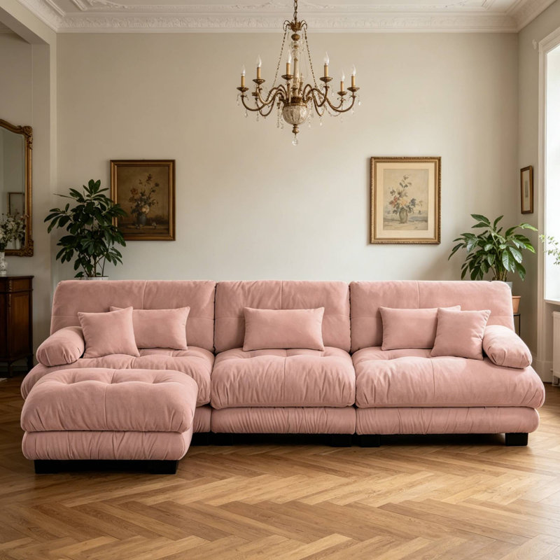 Canapé modulaire convertible en L en chenille avec repose-pieds, 35.4" H x 133.8" W x 59.6" D, Rose