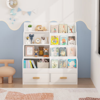 Toddler Bookshelf with 2 Drawers - Front-Facing Bookcase, Multi-Tier Toy Organizer & Reading Shelf for Kids, Playroom & Nursery Storage Furniture by George Oliver