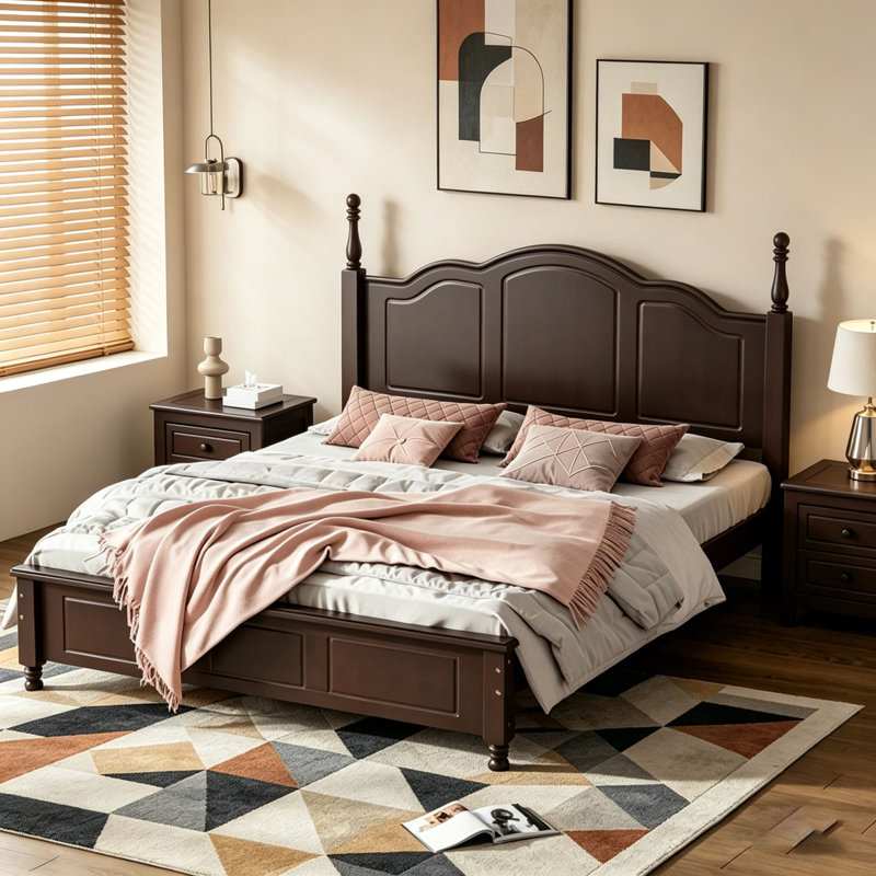 Structure de lit plateforme double en bois, Noyer foncé, Lit double