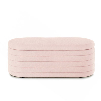 Modern Upholstered Oval Storage Ottoman Bench With Safe Pressure Bar Lift For Bedroom Living Room Entryway