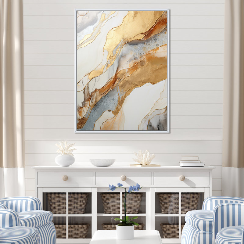 Minimalisme beige et vague dorée horizon IV - Collages abstraits, impressions sur toile, Cadre flottant blanc