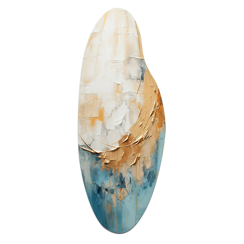 «Gold and Blue Paint Fusion I», peinture abstraite incurvée, art mural en métal beige, H 30 po x l 11 po x P 1 po