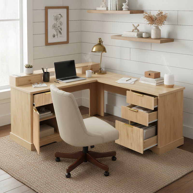 59" Modern Fluted L-Shaped Desk with Charging Station & Storage Cabinet - Home Office Computer Desk with Monitor Stand, File Drawer and Removable Support Shelf for Study, Home Office, Oak