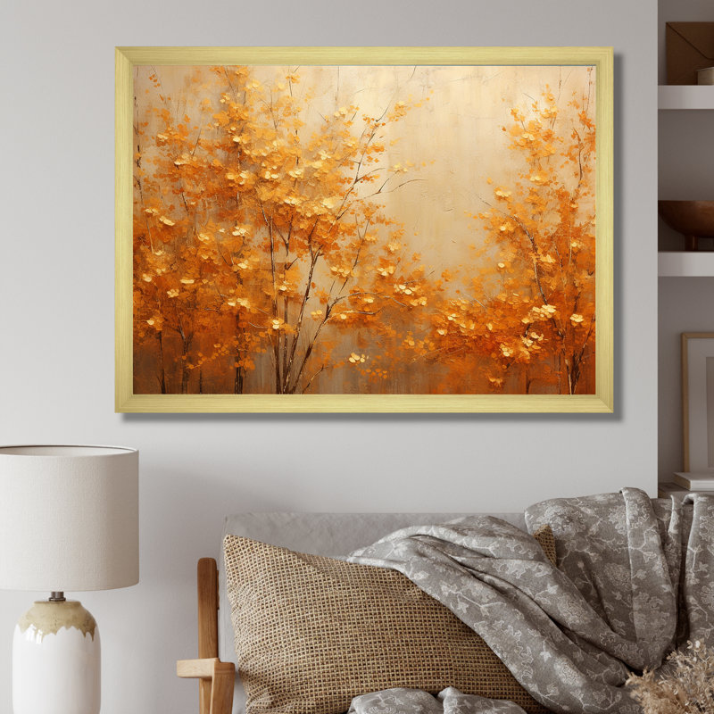 «Golden Autumn Forest Harmony I», art mural forêt pour le salon, H 24 po x l 32 po x P 1 po, Cadre doré simple