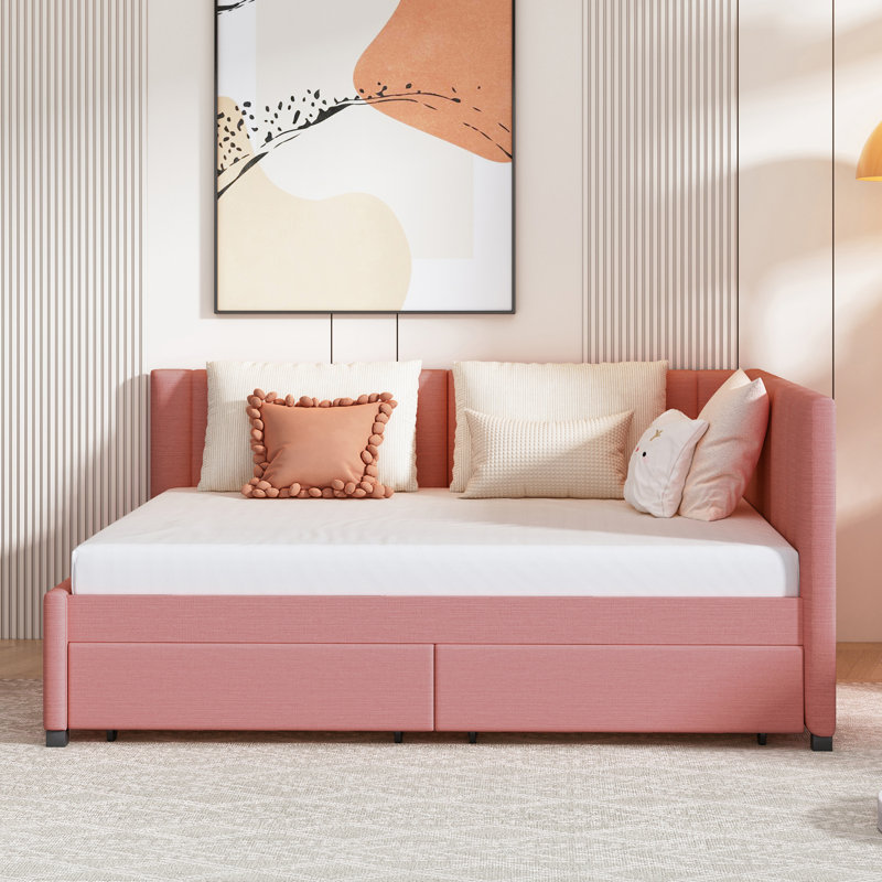 Lit de jour avec revêtement en lin (rose), 2 tiroirs de rangement, aucun sommier tapissier, 2 robustes et polyvalentes en tissu rose, sommier nécessaire, base de lit fiable