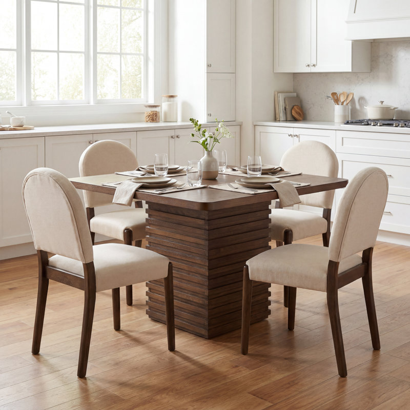 Ensemble de salle à manger moderne 5 pièces pour 5 personnes avec table cannelée et chaises en bois d'hévéa Ellis, Noyer
