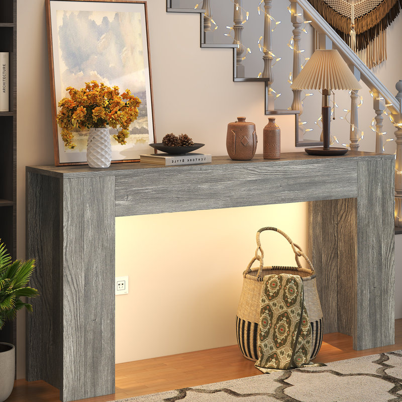 63-inch Long Console Table With Led Light, Farmhouse Sofa Table Behind Couch, Wooden Console Table For Entryway Hallway Entrance Living Room, Grey