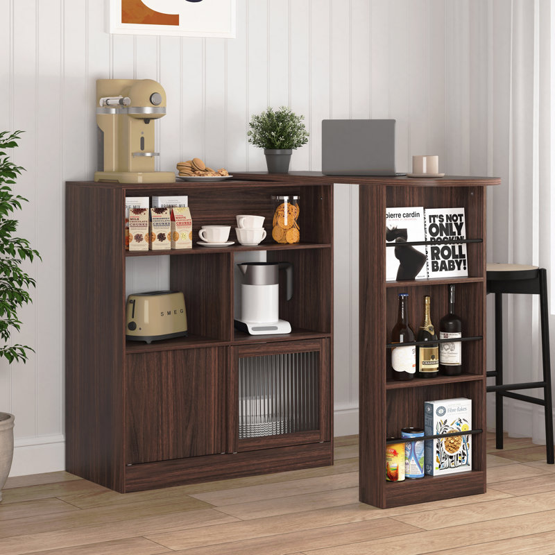 Armoire de bar moderne avec porte pivotante en verre moderne et comptoir, 6 espaces de rangement, 2 portes nervurées