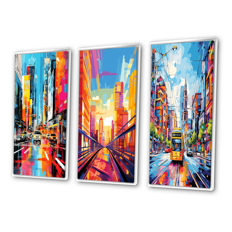 «City Berlin Popart», 3 pièces sur toile, Cadre blanc, H 32 po x l 48 po