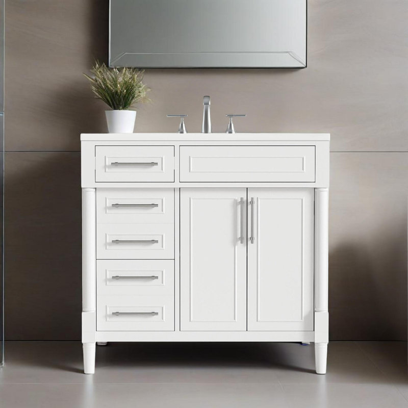 Meuble-lavabo de 36 po avec lavabo en résine supérieur, armoire de rangement autoportante avec 2 tiroirs et un tiroir basculant