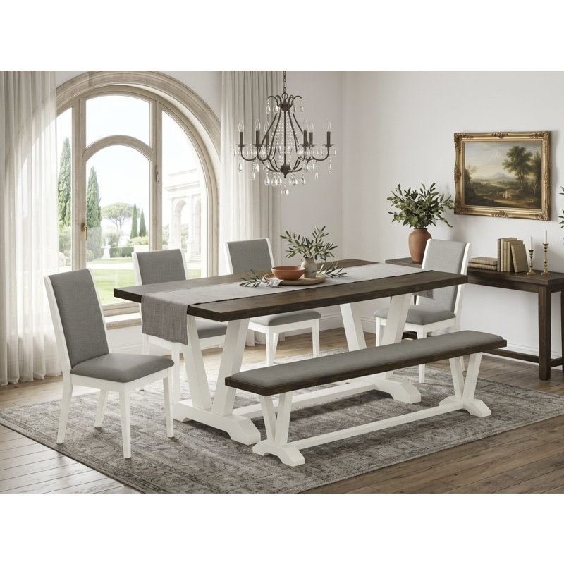 L'ensemble de table de cuisine 6 pièces comprend une table en bois jacobine vieillie, un banc de salle à manger et 4 chaises Parson en tissu de lin Shitake foncé à haut dossier - Lin brossé blanc