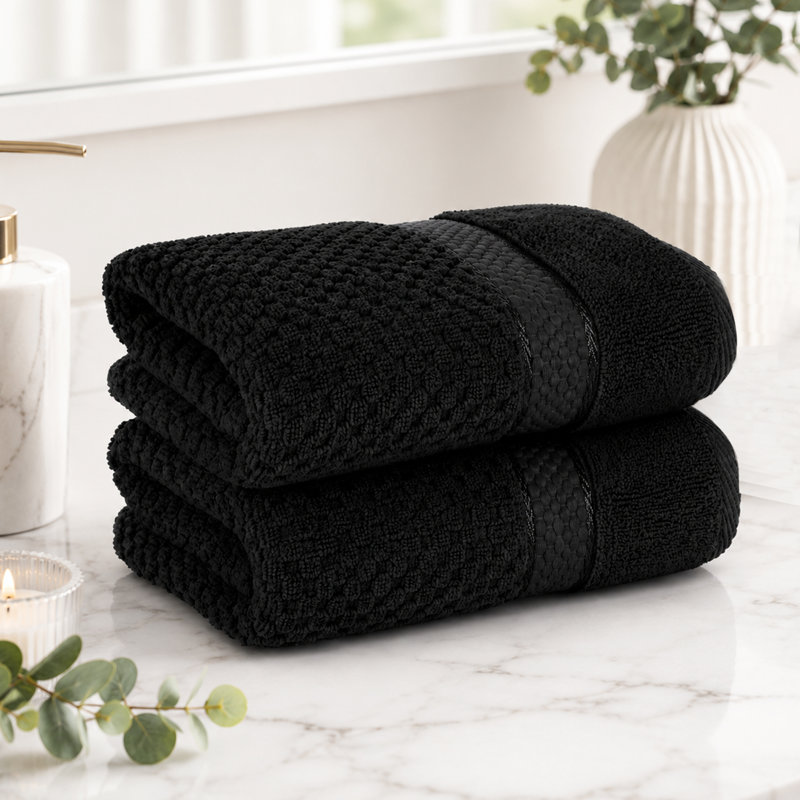 Mulaayam 100% Cotton Popcorn Textured Towel Collection, Hand Towels - 2 Pack, Black