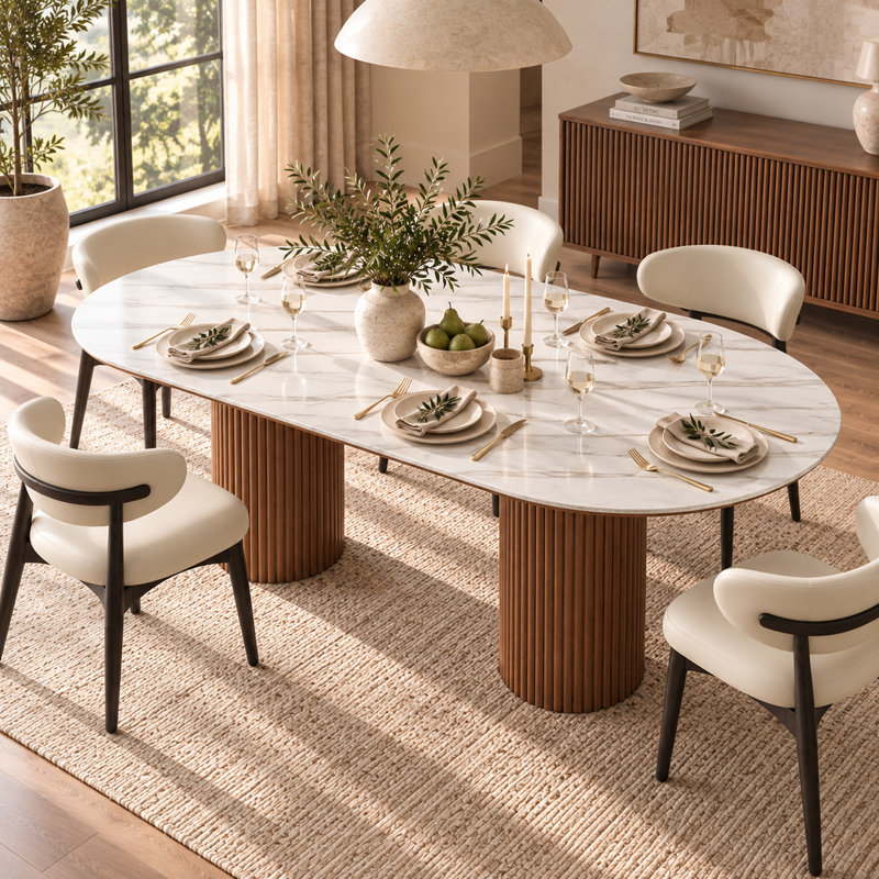  71" Oval Sintered Stone Dining Table with Brown Fluted Solid Wood Pedestals,  Modern Farmhouse Kitchen Table for 6 Persons, White Faux Marble Look Tabletop