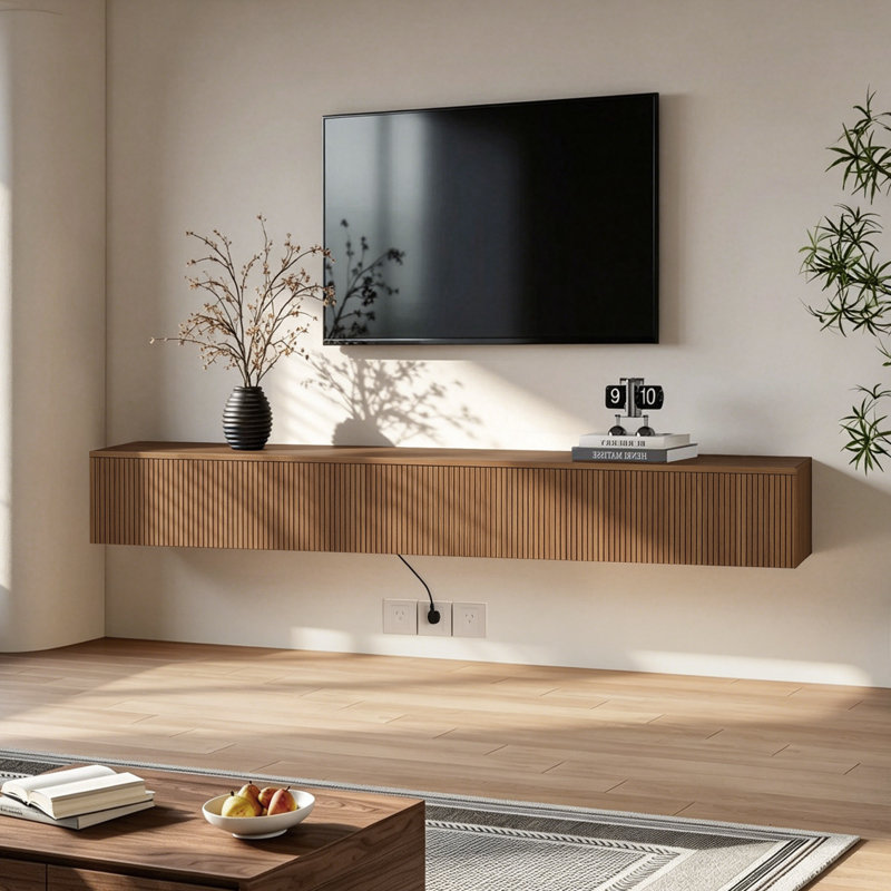 69" Wall Mounted TV For Tvs Up To 65'', Floating TV Stand With LED Lights & Power Outlet, Brown