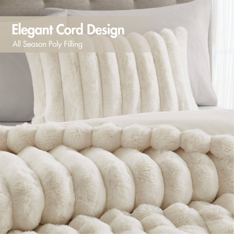 Ensemble d'édredon 3 pièces en fausse fourrure, King Comforter + 2 King Shams, Ivoire ivoire