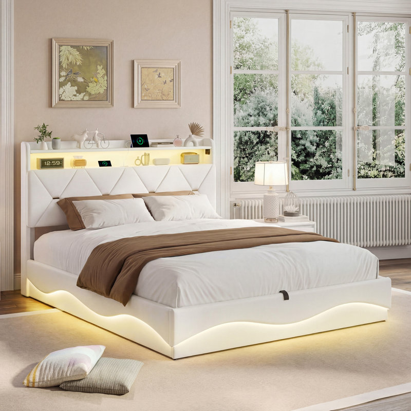 Upholstered Ottoman Storage Bed, Beige, European Kingsize (160 x 200 cm)