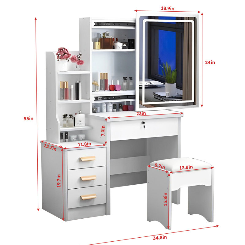Modern Vanity Desk With 3 Color Lights Mirror - Storage Space, White Quality & Choices,