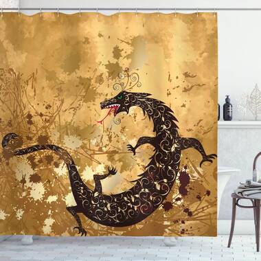 World Menagerie Ourir Dragon Chinese Snake Dragon Theme Print on Golden Eastern Mythology Oriental Abstract Art Shower Curtain