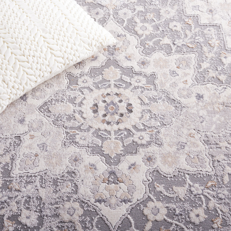 Tapis oriental gris en polypropylène / polyester tissé à la machine, Rectangle 9 pi x 12 pi