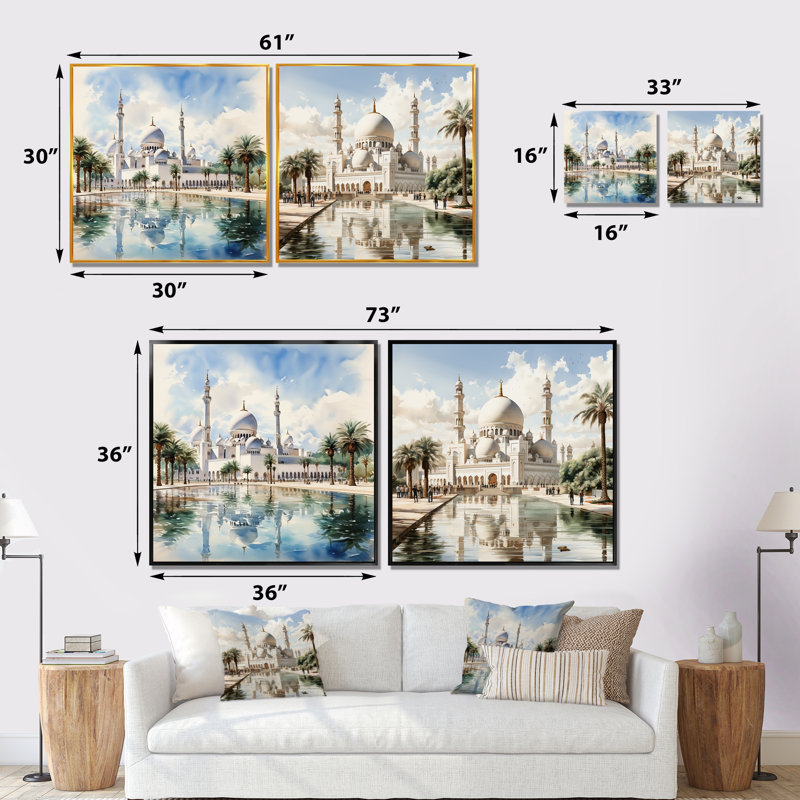 Ensemble de 2 reproductions d'art sur toile Mosquée blanche I-Elegance, Cadre flottant brun, H 36 po x l 73 po x P 1,5 po