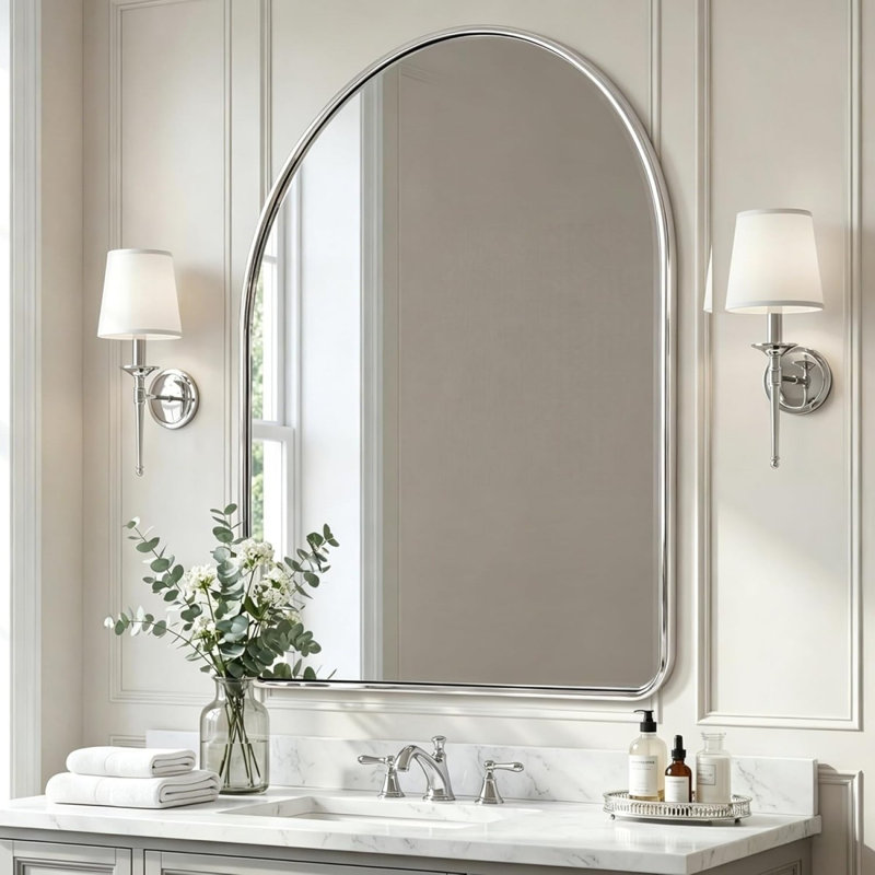 Malisa Contemporary Arched Bathroom Vanity Mirror | Stainless Steel Thick Frame, Polished Chrome, 32" x 24"
