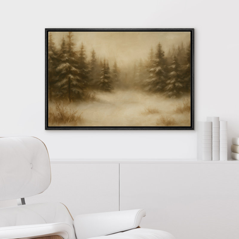 «Snowy Evergreen Forest in Soft Golden Light», reproduction d'art sur toile encadrée dans la chambre principale, Noir