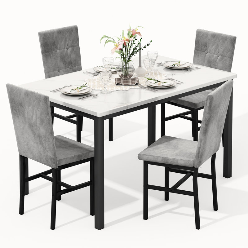 Modern Style 5 Pieces Dining Table Set For 4, Faux Marble Dining Room Table Set With Velvet Upholstered Dining Chairs, MDF Table Top And Metal Frame Dinette Set For Small Space
