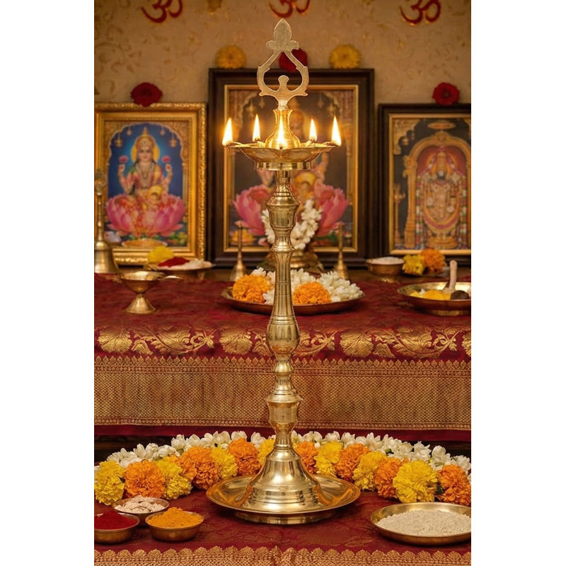 Lampe Puja traditionnelle en laiton 18 po - Diya rituel indien fait à la main pour autel, temple, méditation et décoration spirituelle