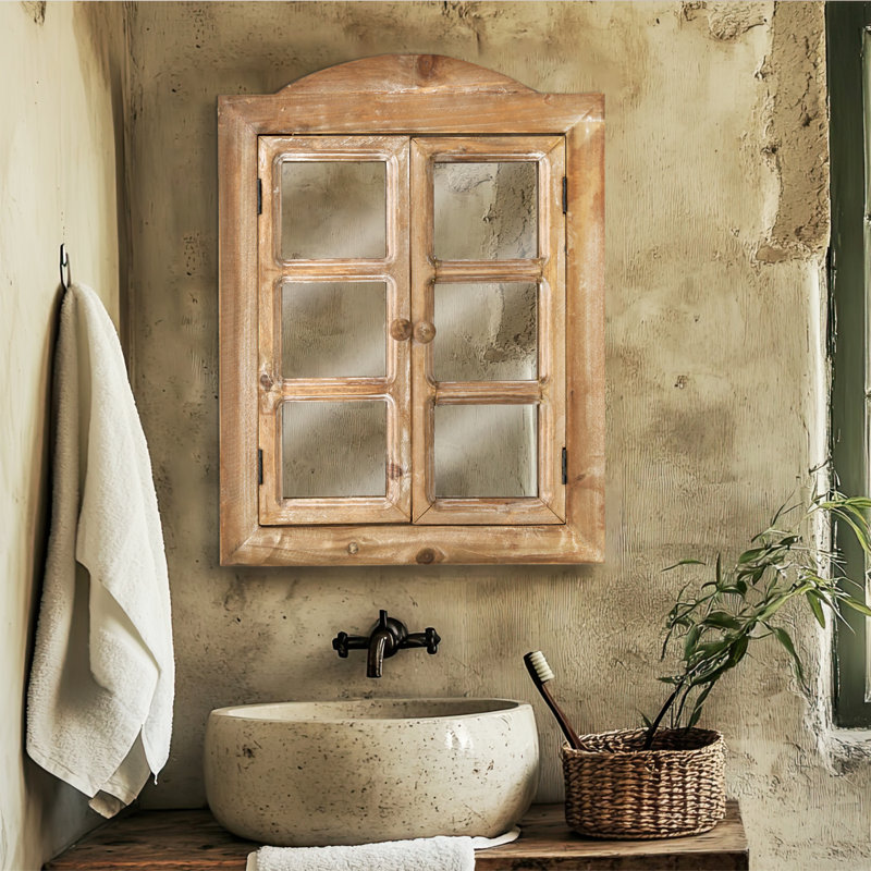 20x15" Farmhouse Rustic Distressed Wood Window Shutter Decorative Wall Mirror for Entryway, Natural