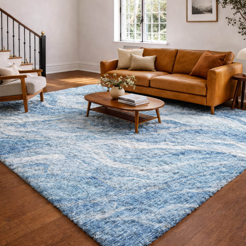 Tapis à poils longs lavable à la machine de qualité supérieure ADS720, Bleu, 8 pi x 10 pi