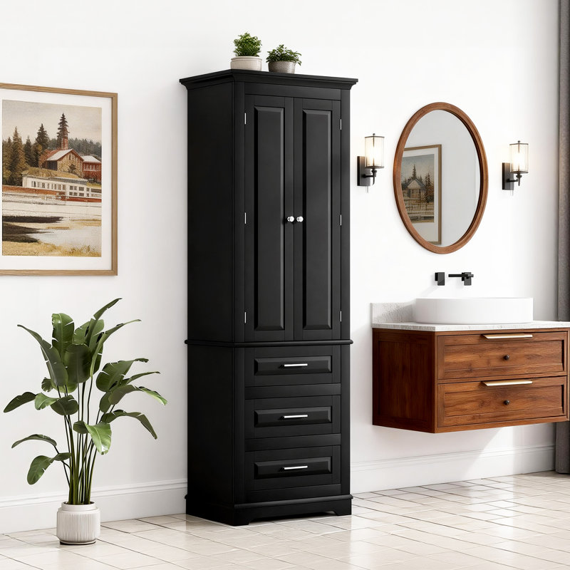 Slim Tall Storage Cabinet With Three Drawers - Multi-Purpose Organizer For Bathroom Or Office, Black